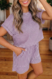 Purple striped textured knit two-piece set with crew neck top and drawstring shorts.