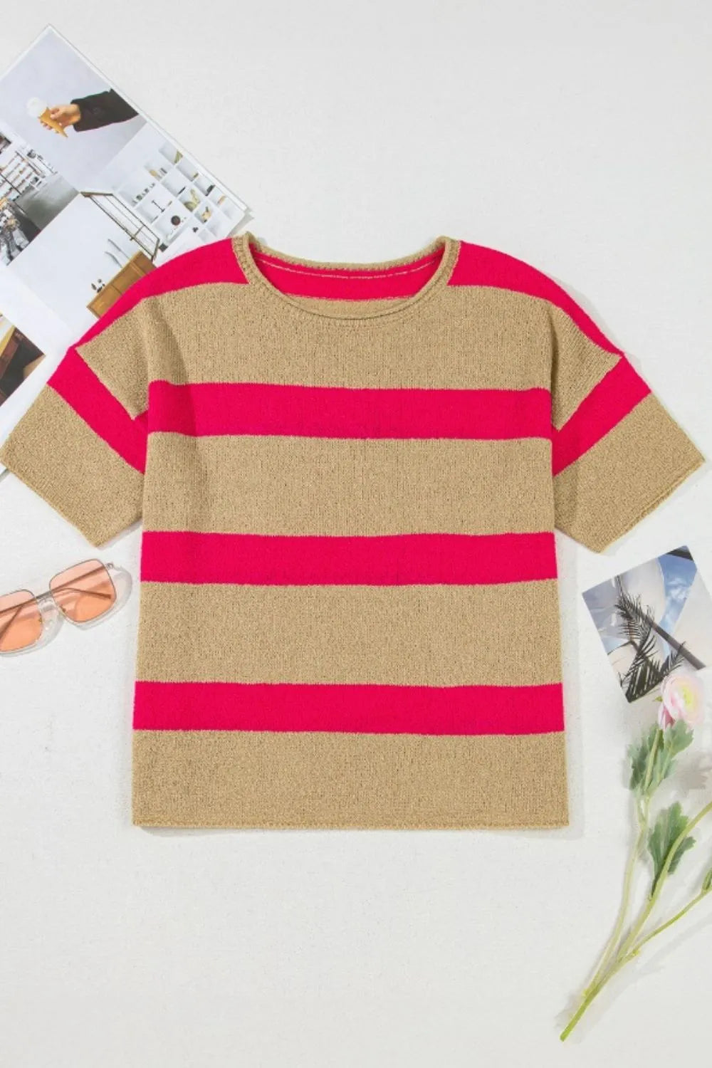 Metallic stripe boxy tee with crew neck and short sleeves in tan and hot pink acrylic knit.