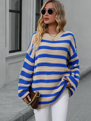 Chunky stripe relaxed fit knit sweater in sky blue and tan acrylic with crew neck and long sleeves.
