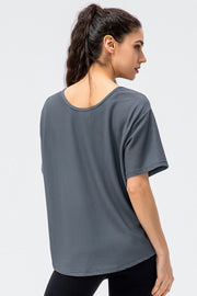 Dark gray honeycomb mesh performance t-shirt with short sleeves and a scoop neck.