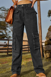 Black denim cargo pants with multiple utility pockets and a relaxed fit.
