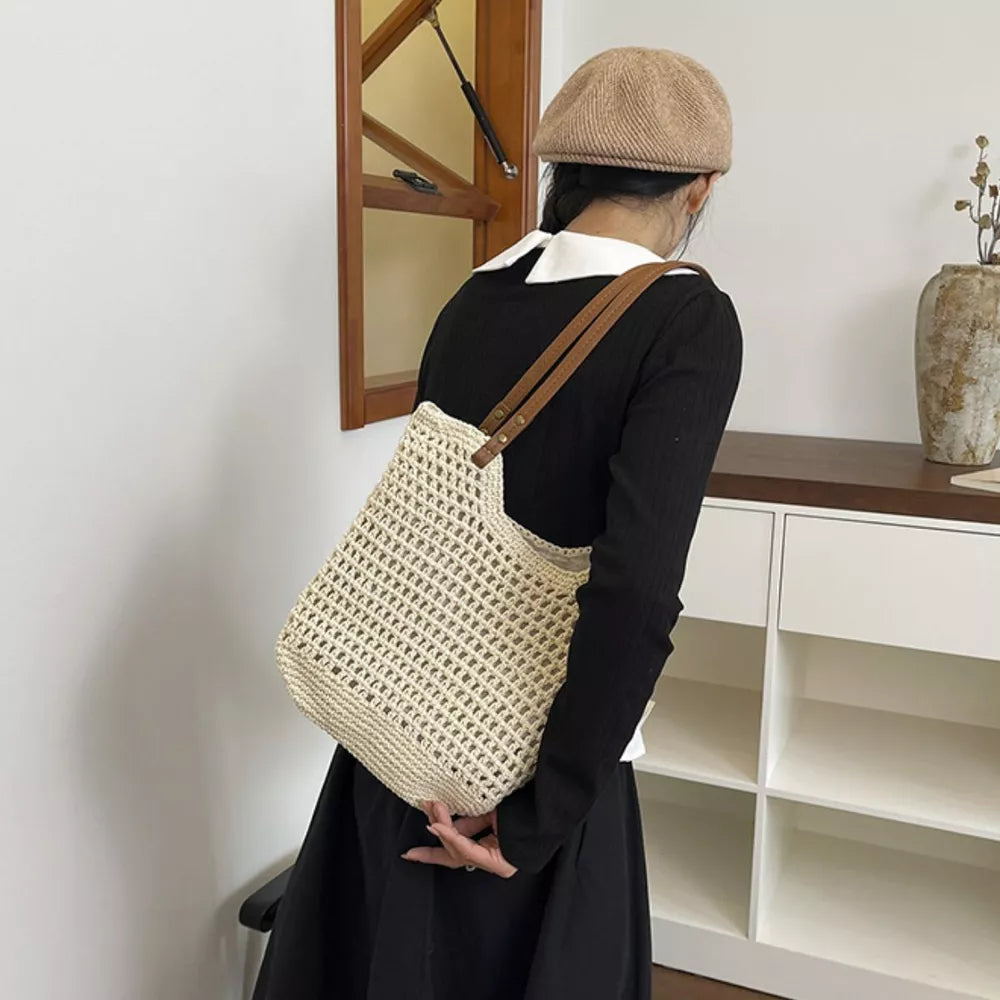 Crochet Knit Shoulder Bag in Cream White, close-up detail