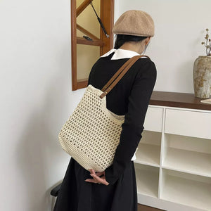Crochet Knit Shoulder Bag in Cream White, close-up detail
