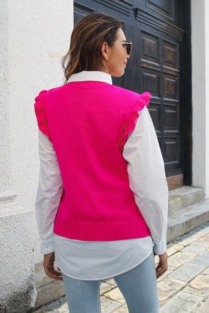 Hot Pink diamond knit vest top with ruffle sleeves, acrylic material.