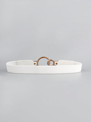 White elastic belt with interlocked gold rings and gold buckle detail