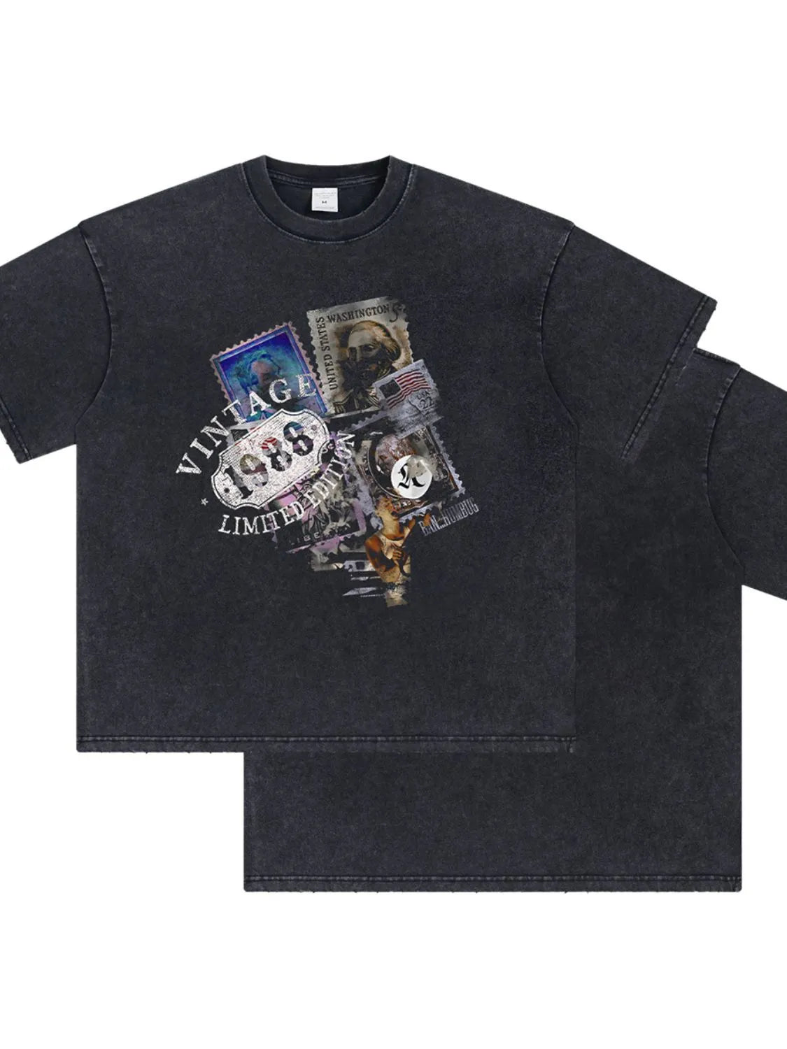Black oversized t-shirt with vintage stamp graphic and "1986 Limited Edition" text.