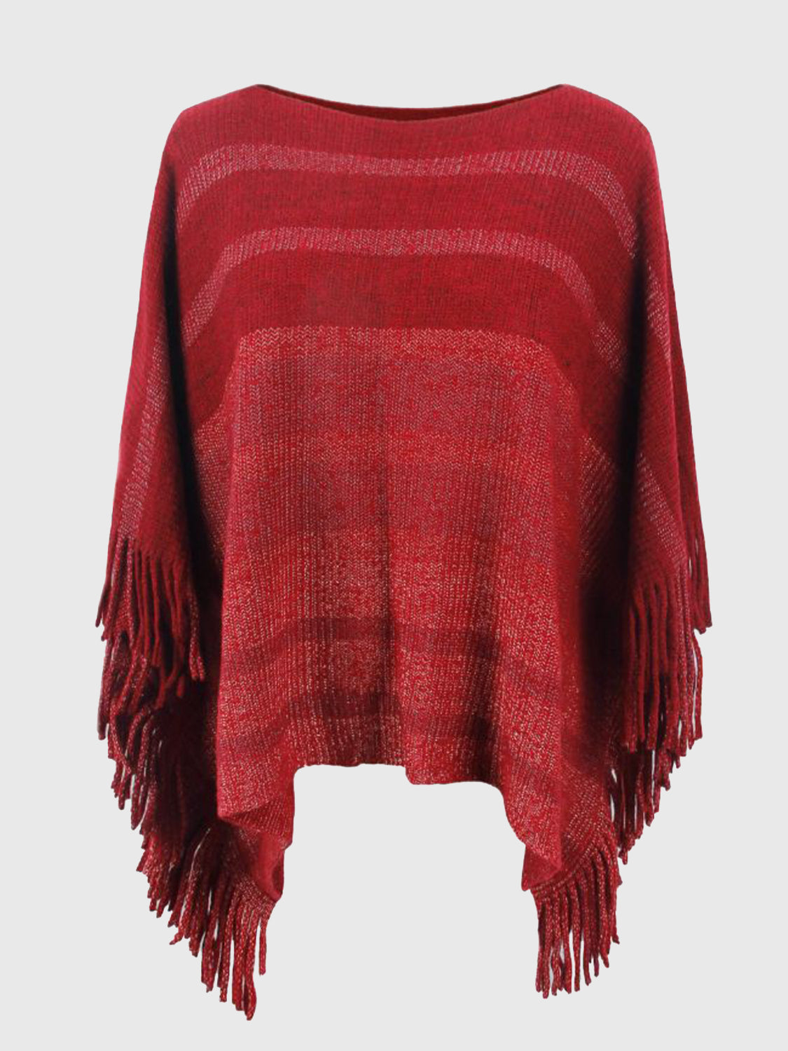 Deep red striped poncho with fringe detail and boat neckline.