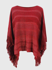 Deep red striped poncho with fringe detail and boat neckline.