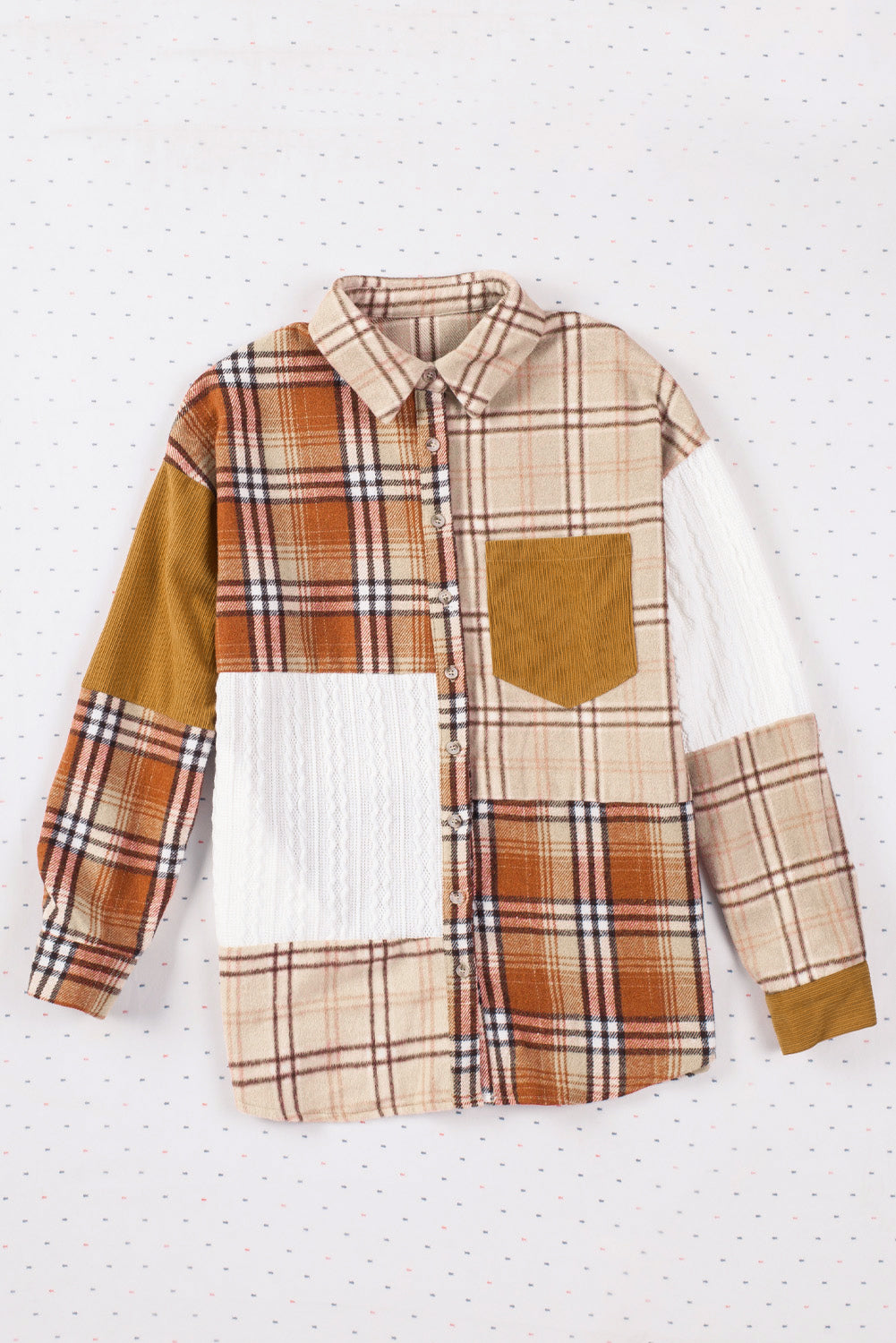 Patchwork plaid shacket in sherbet with corduroy pocket and textured panels.