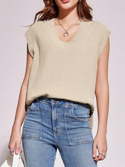 Sculpted ribbed knit V-neck tank in tan, sleeveless with a relaxed fit.