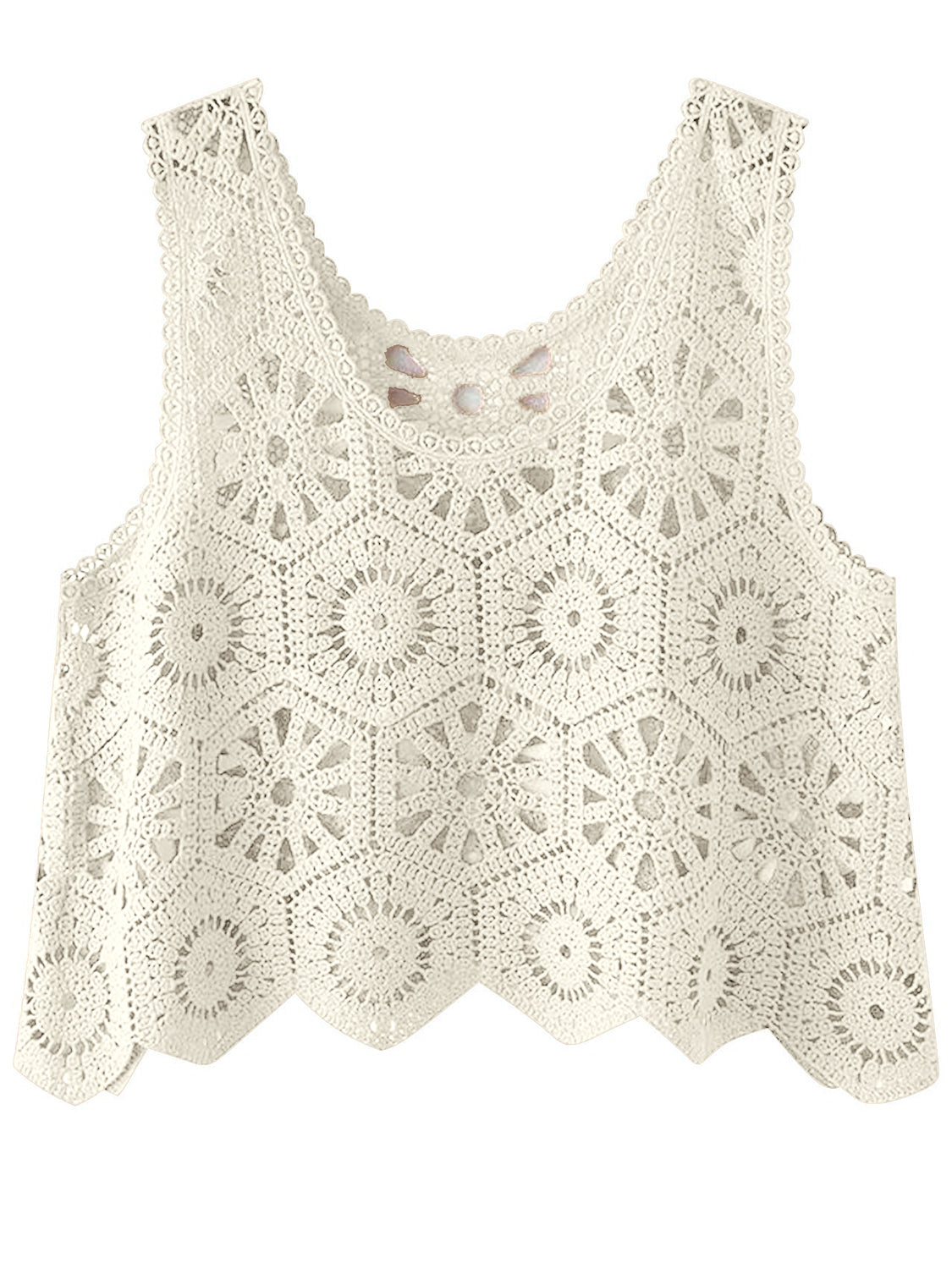 Cream crochet medallion tank top with scalloped hem and intricate openwork pattern.