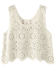 Cream crochet medallion tank top with scalloped hem and intricate openwork pattern.