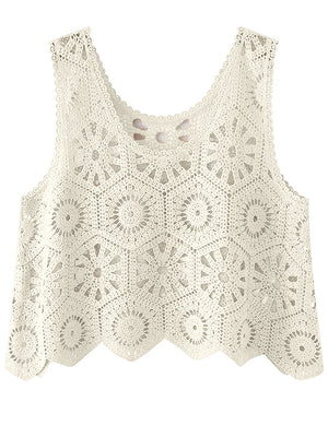 Cream crochet medallion tank top with scalloped hem and intricate openwork pattern.