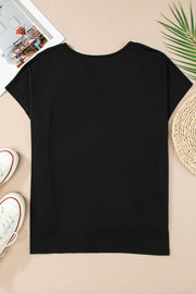Black dolman sleeve blouse with perforated trim detail