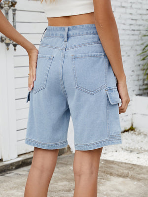 Light blue denim Bermuda cargo shorts with multiple pockets and contrast stitching.