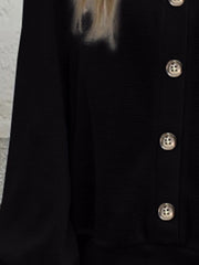 Black waffle knit button-down cardigan with silver buttons