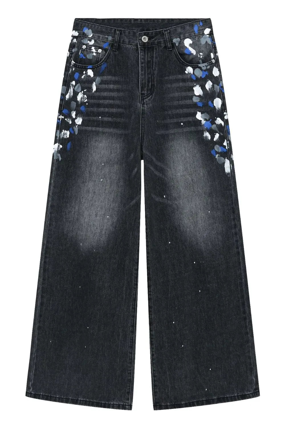 Dark wash denim jeans with painterly blue, white, and grey splatters and a wide flare leg.