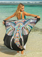 Pareo wrap with multicolor elephant graphic on black, boho style cover-up.