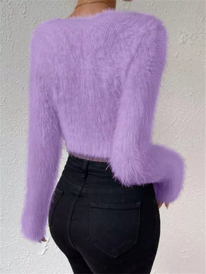 Lavender fluffy V-neck knit top with long sleeves, cropped length, acrylic material.