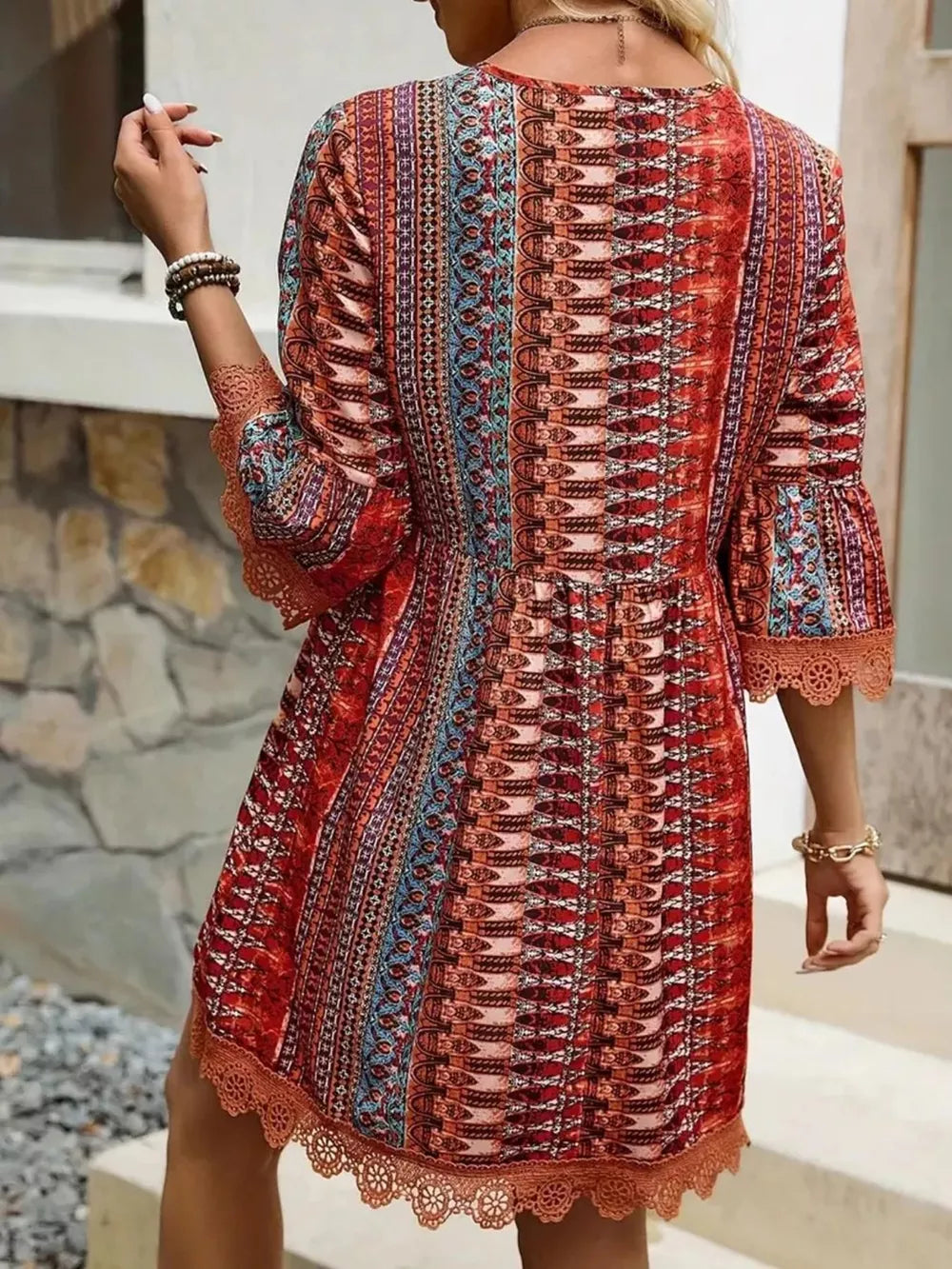 Bohemian printed red v-neck dress with bell sleeves and lace trim