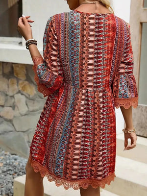 Bohemian printed red v-neck dress with bell sleeves and lace trim