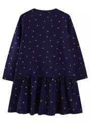 Dark navy cotton blend long-sleeve baby dress with gold stars and ruffled hem