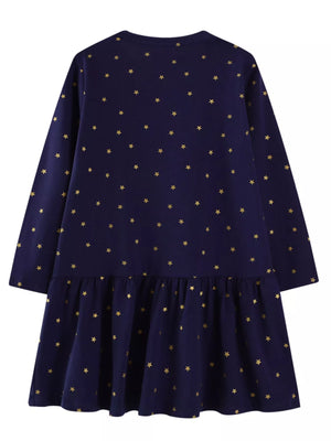 Dark navy cotton blend long-sleeve baby dress with gold stars and ruffled hem