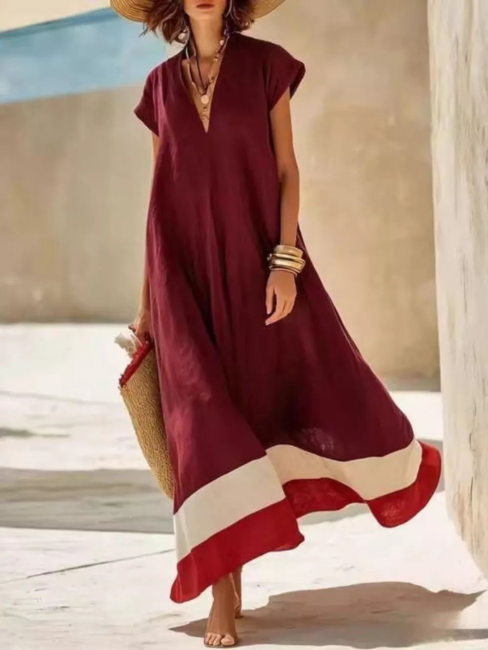Chic V-neck Maxi Dress With Color-blocked Hem