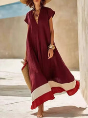 Chic V-neck Maxi Dress With Color-blocked Hem