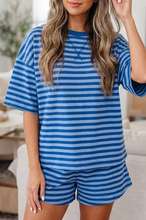 Relaxed blue striped cotton two-piece set with crew neck top and shorts.