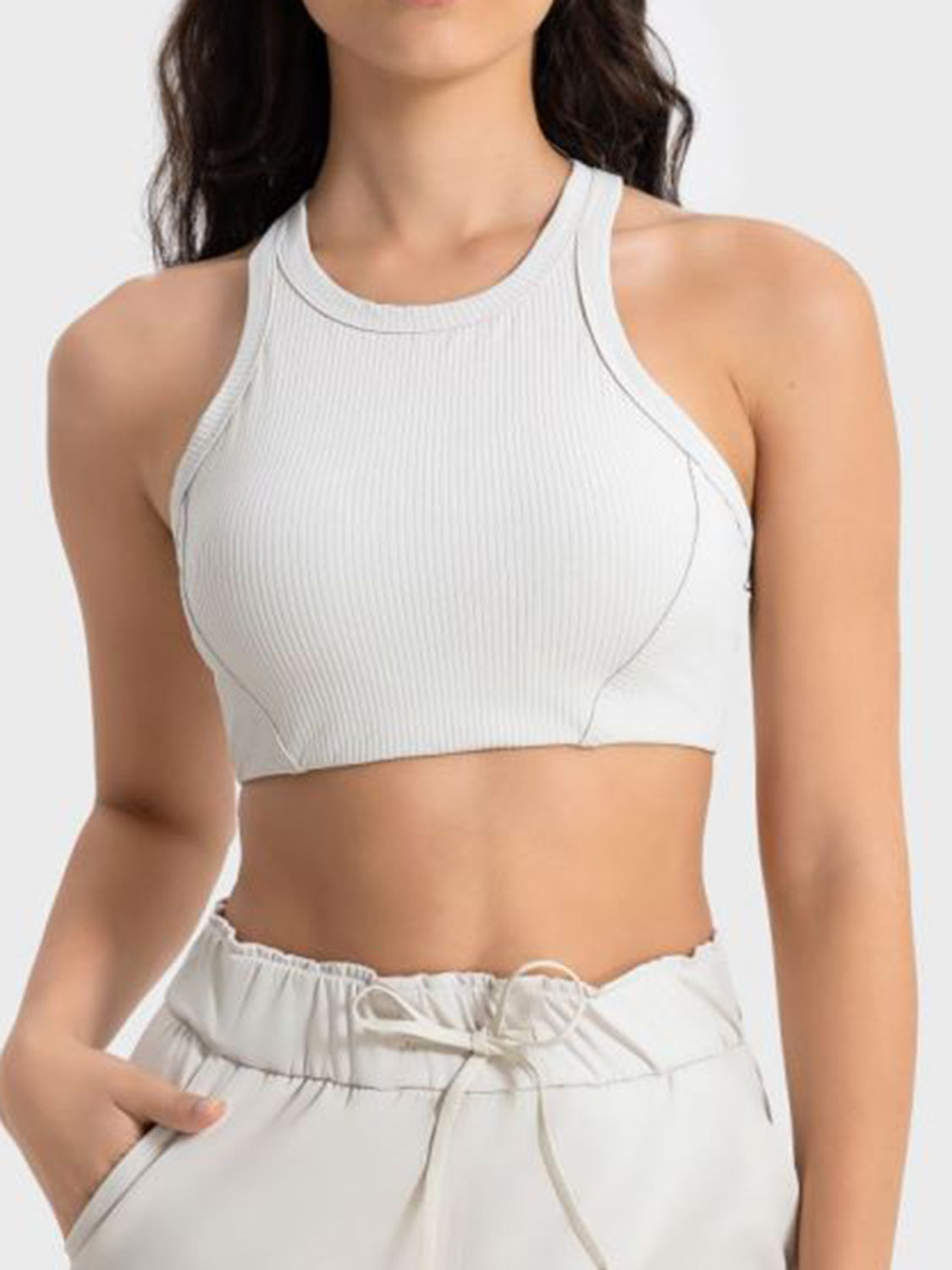 White ribbed racerback crop top with contour stitching detail