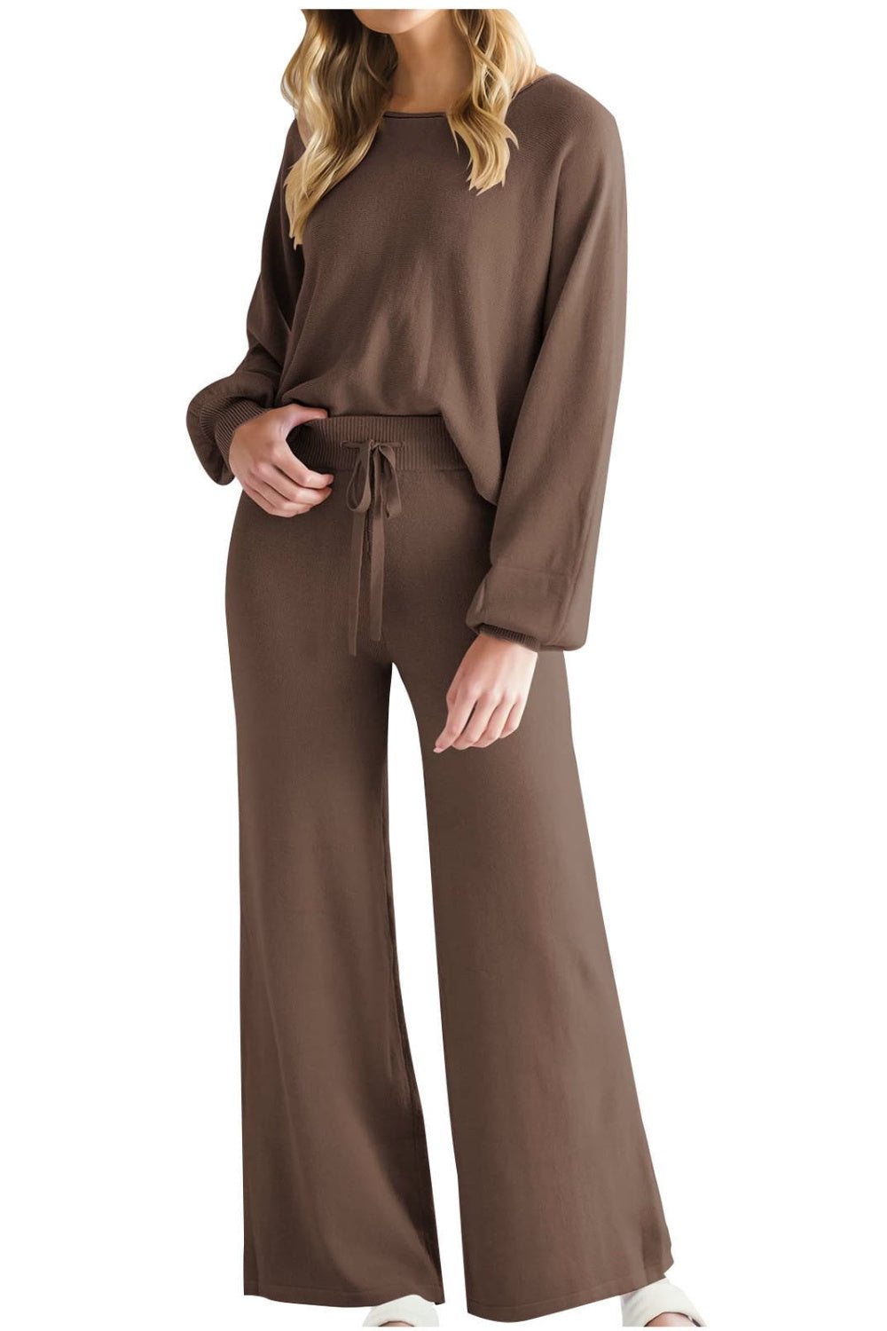 Brown wide-leg lounge set with balloon sleeves and drawstring waist