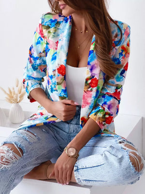 Vibrant Floral Print Open Front Blazer in Red, side view
