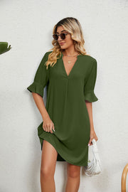 Green flutter sleeve v-neck shift dress with ruffled cuffs