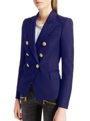 Navy double-breasted blazer with gold buttons and notched collar.