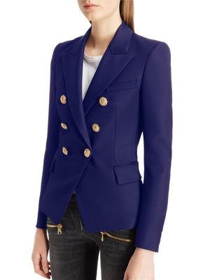 Navy double-breasted blazer with gold buttons and notched collar.