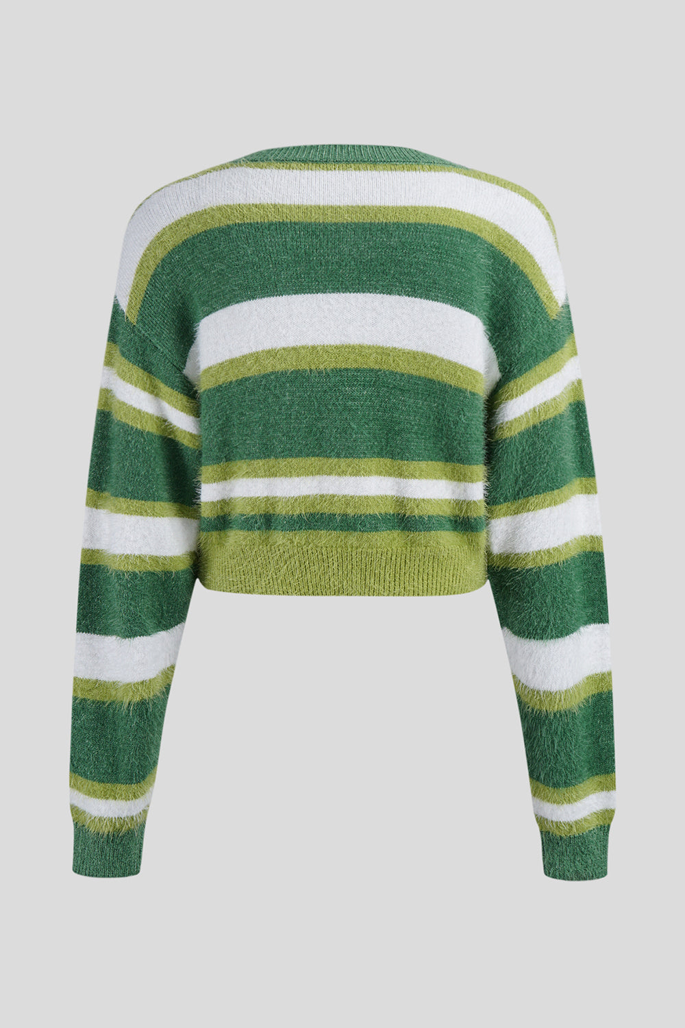 Green striped cropped knit cardigan with fuzzy texture and button-up front.