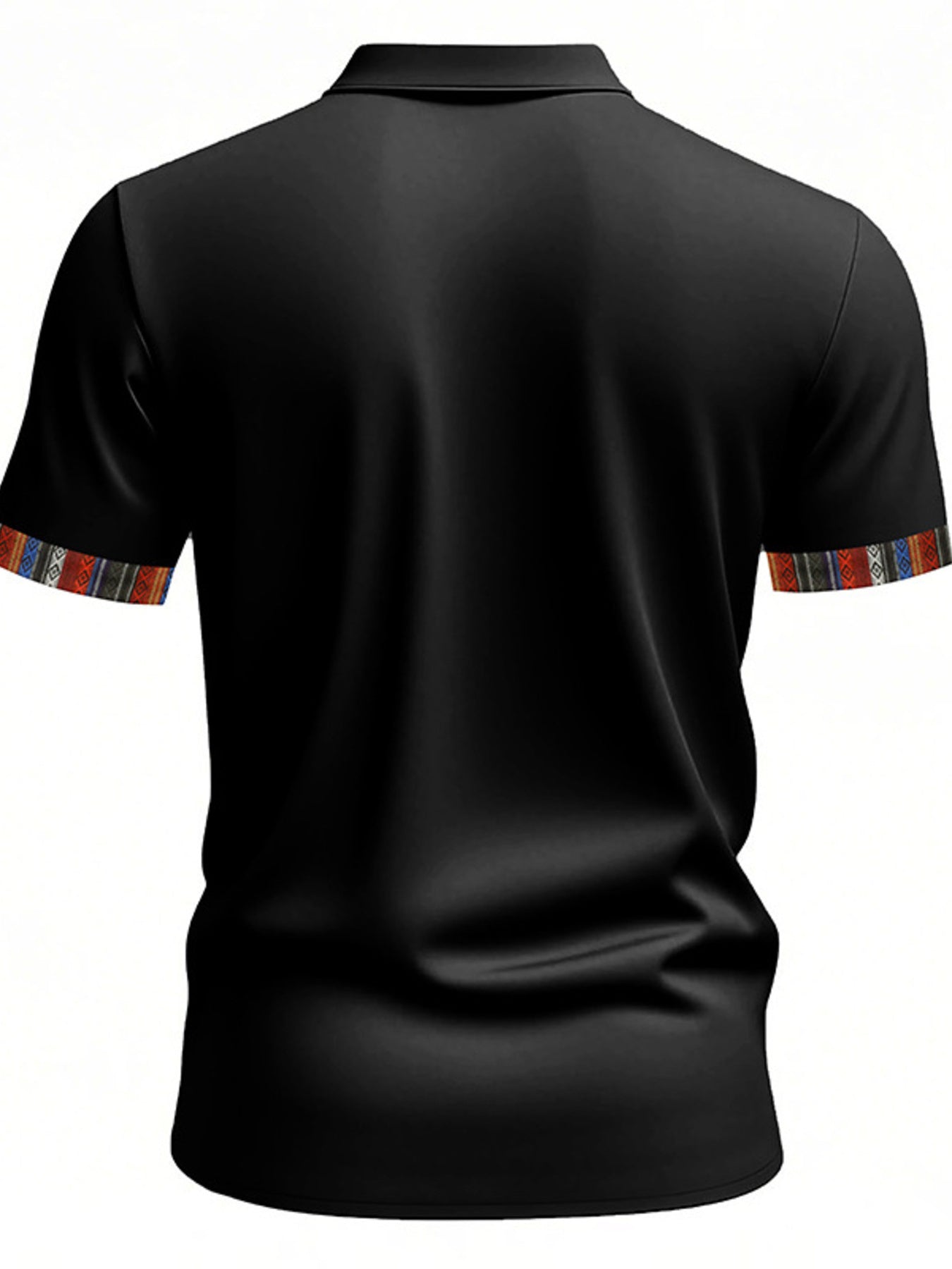 Black cotton short sleeve men's polo shirt with colorful patterned trim on sleeves.