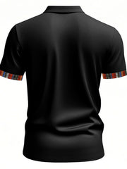 Black cotton short sleeve men's polo shirt with colorful patterned trim on sleeves.