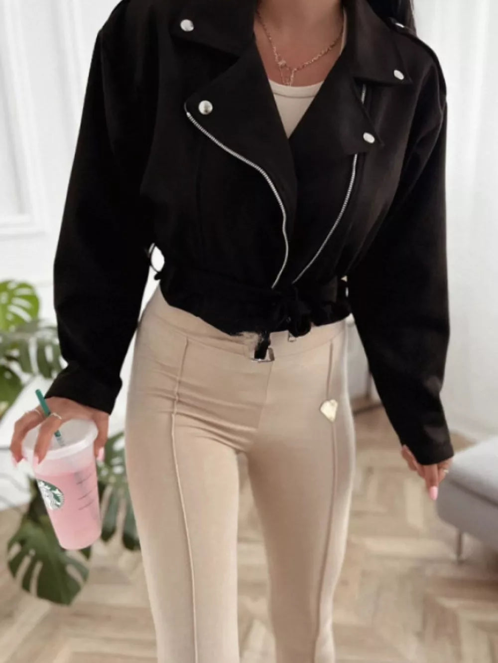Cropped Biker Jacket With Belt Detail in Black, front view