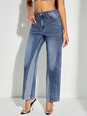 Panelled denim straight leg jeans in medium wash with contrasting light blue panels.