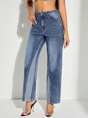 Panelled denim straight leg jeans in medium wash with contrasting light blue panels.