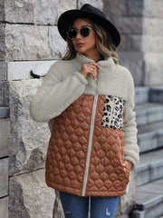 Teddy & quilted panel zip jacket in cream and caramel with leopard pocket detail.