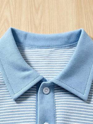 Baby blue and white striped cotton polo shirt with a light blue collar and button placket.