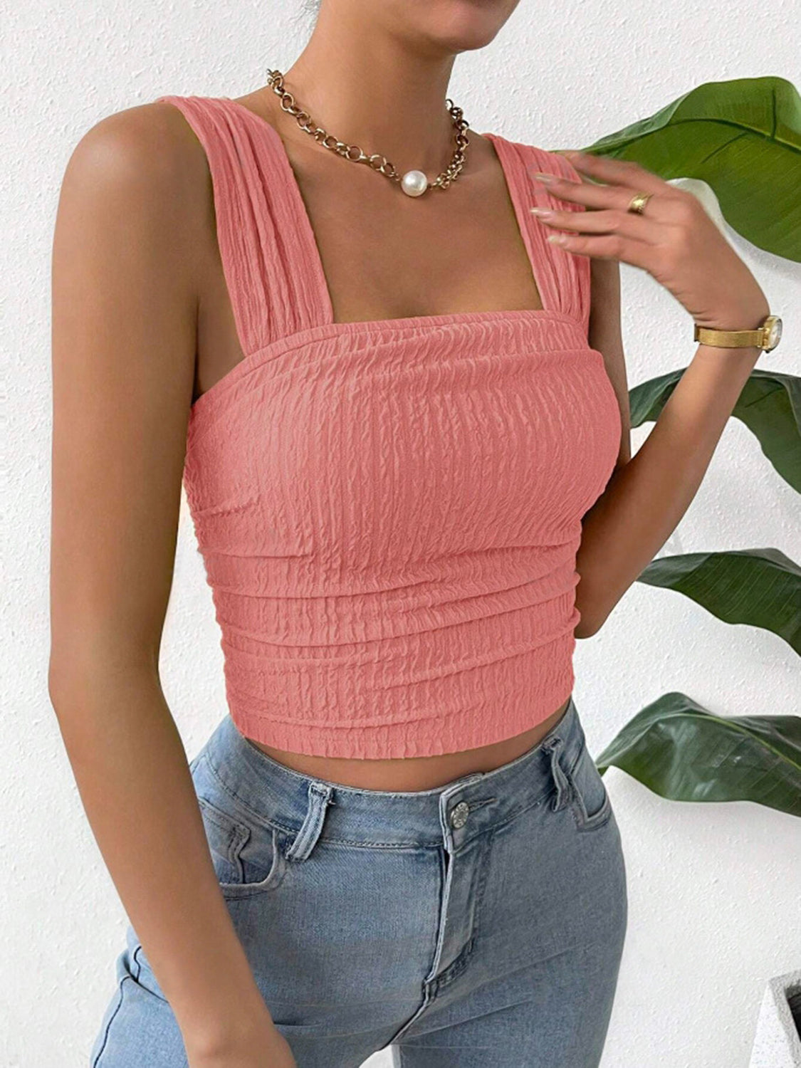 Coral textured crinkle strap crop top with square neckline