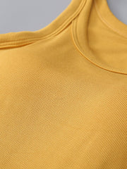 Mustard ribbed knit tank top with built-in bra detail and rounded neckline.