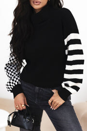 Black turtleneck sweater with checkerboard and stripe sleeves, acrylic knit.