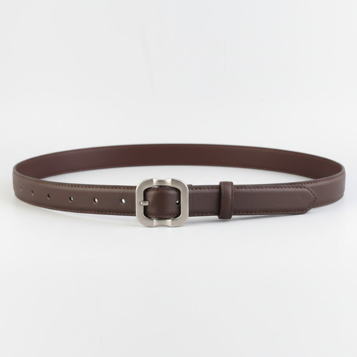 Brown cowhide leather belt with matte silver buckle