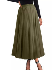 Army green tulle A-line midi skirt with a flared silhouette and elastic waistband.