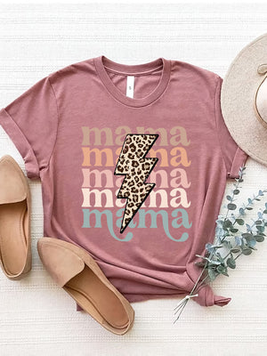 Dusty Pink Mama Bolt Graphic T-Shirt with leopard print lightning bolt and stacked "mama" text.